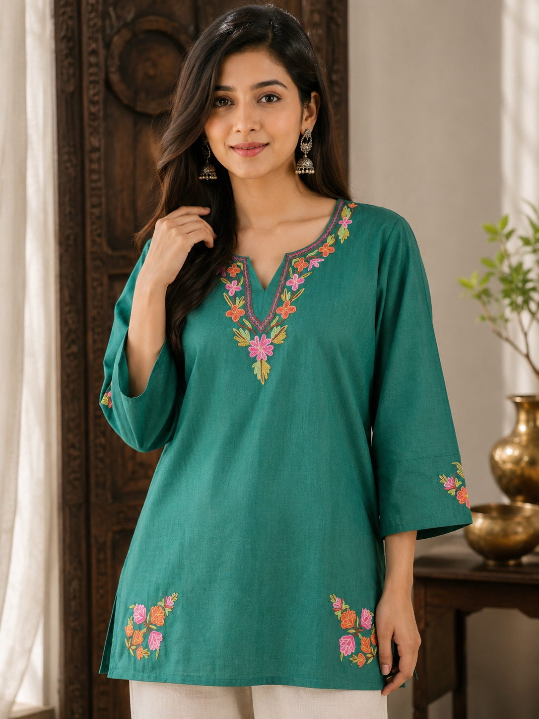 Kashmiri Aari Embroidered Cotton Kurti | Hand-Work | Green (Copy)