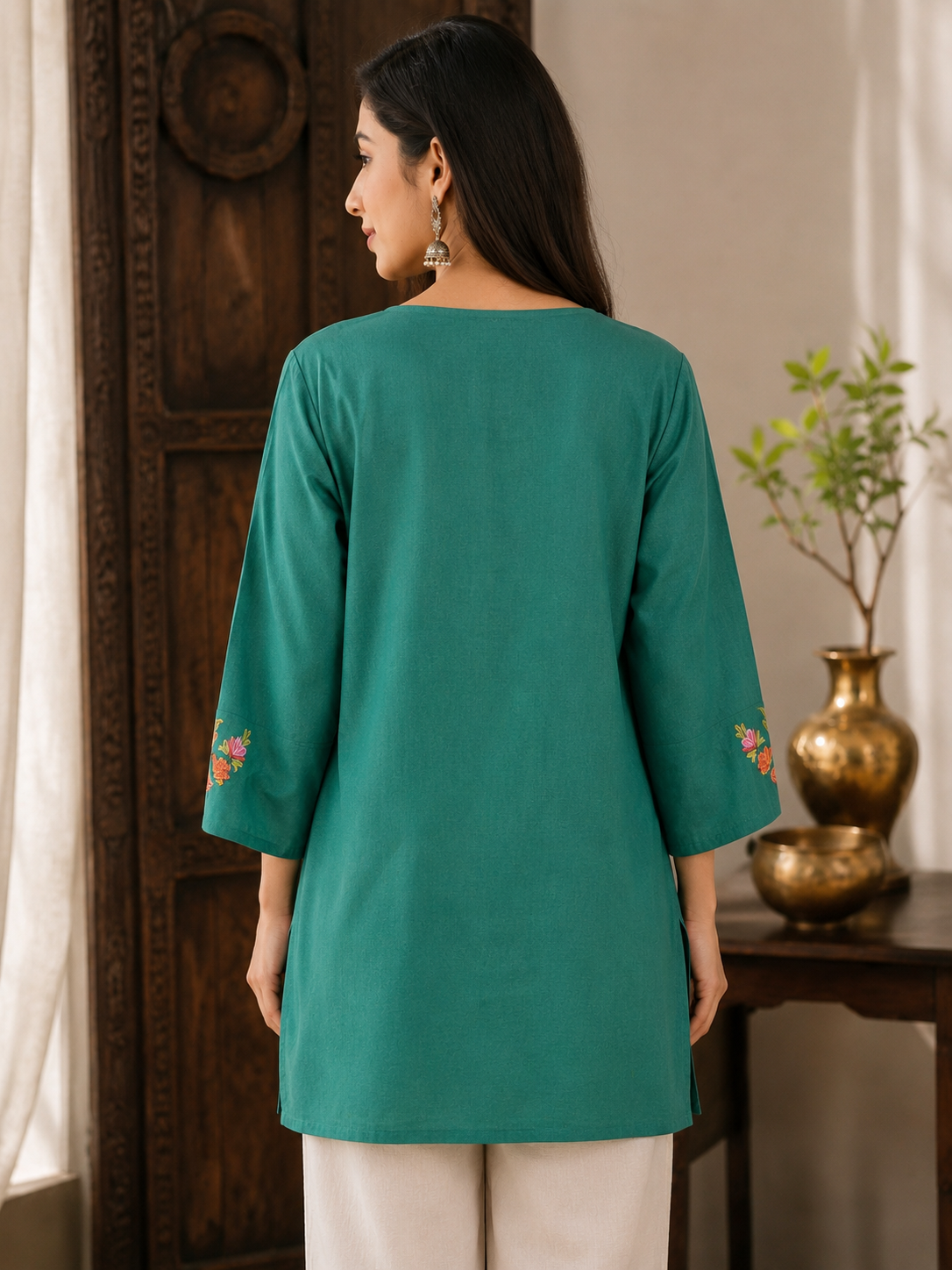Kashmiri Aari Embroidered Cotton Kurti | Hand-Work | Green (Copy)