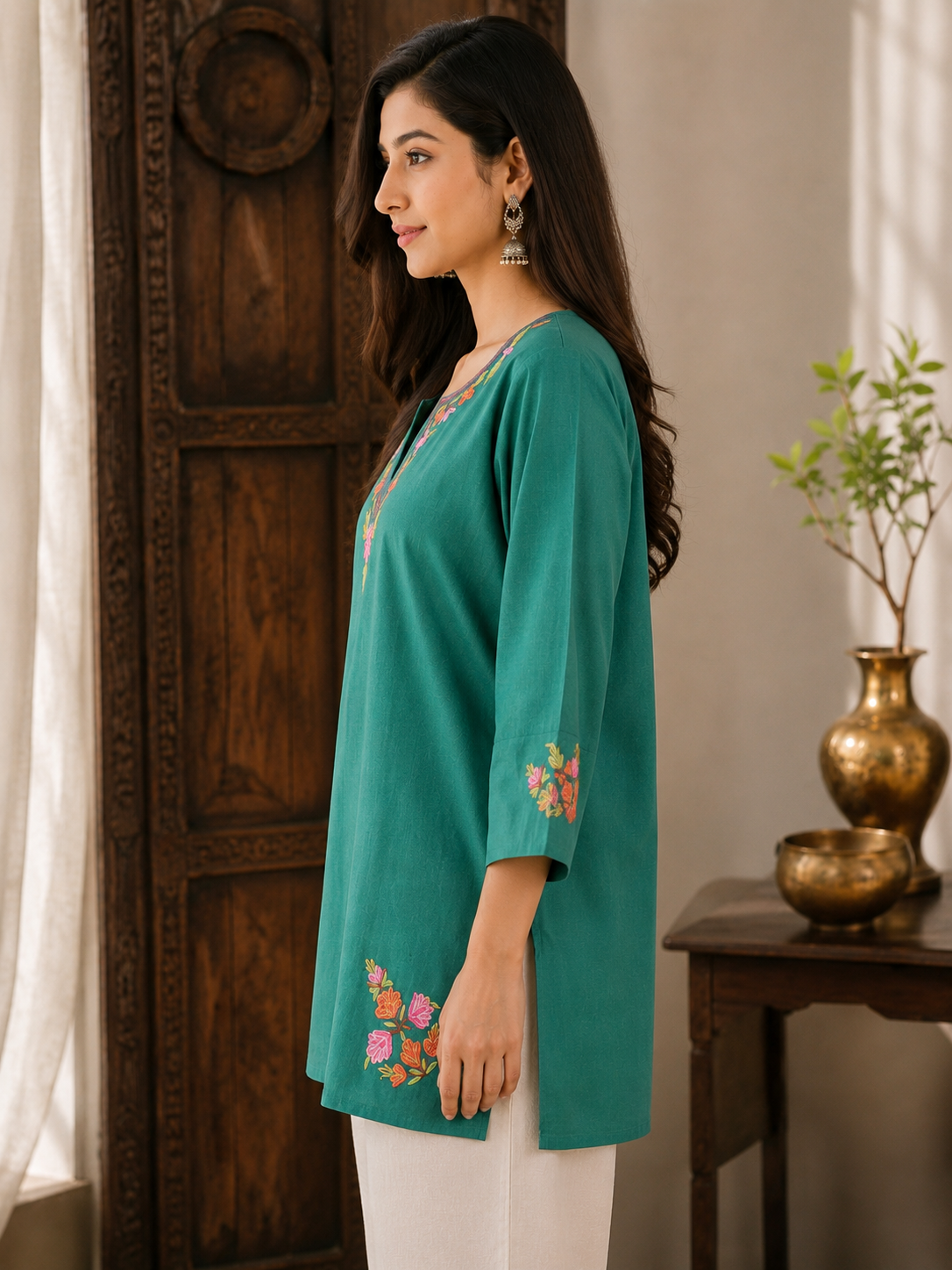 Kashmiri Aari Embroidered Cotton Kurti | Hand-Work | Green (Copy)