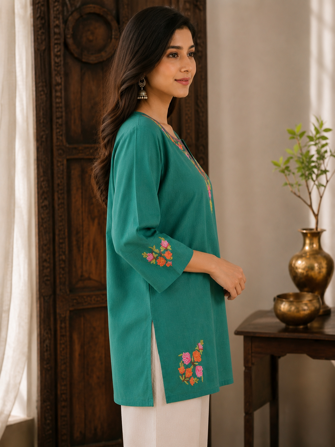 Kashmiri Aari Embroidered Cotton Kurti | Hand-Work | Green (Copy)