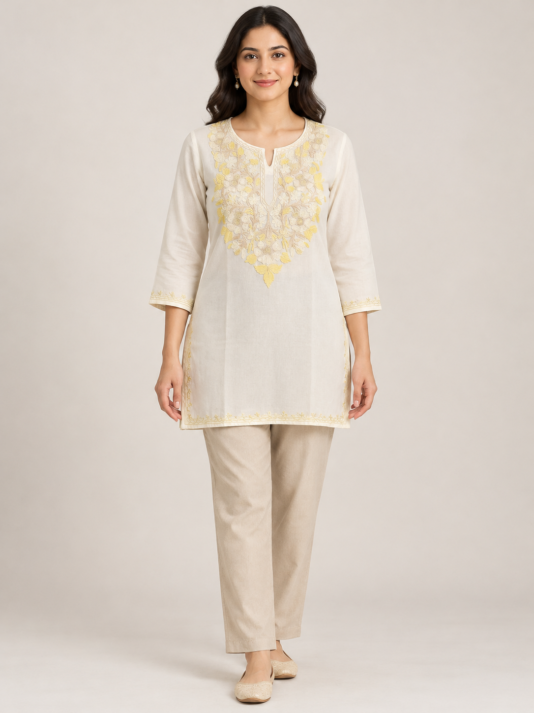 Kashmiri Aari Embroidered Cotton Kurti | Machine-Work | White – Vadi Roots