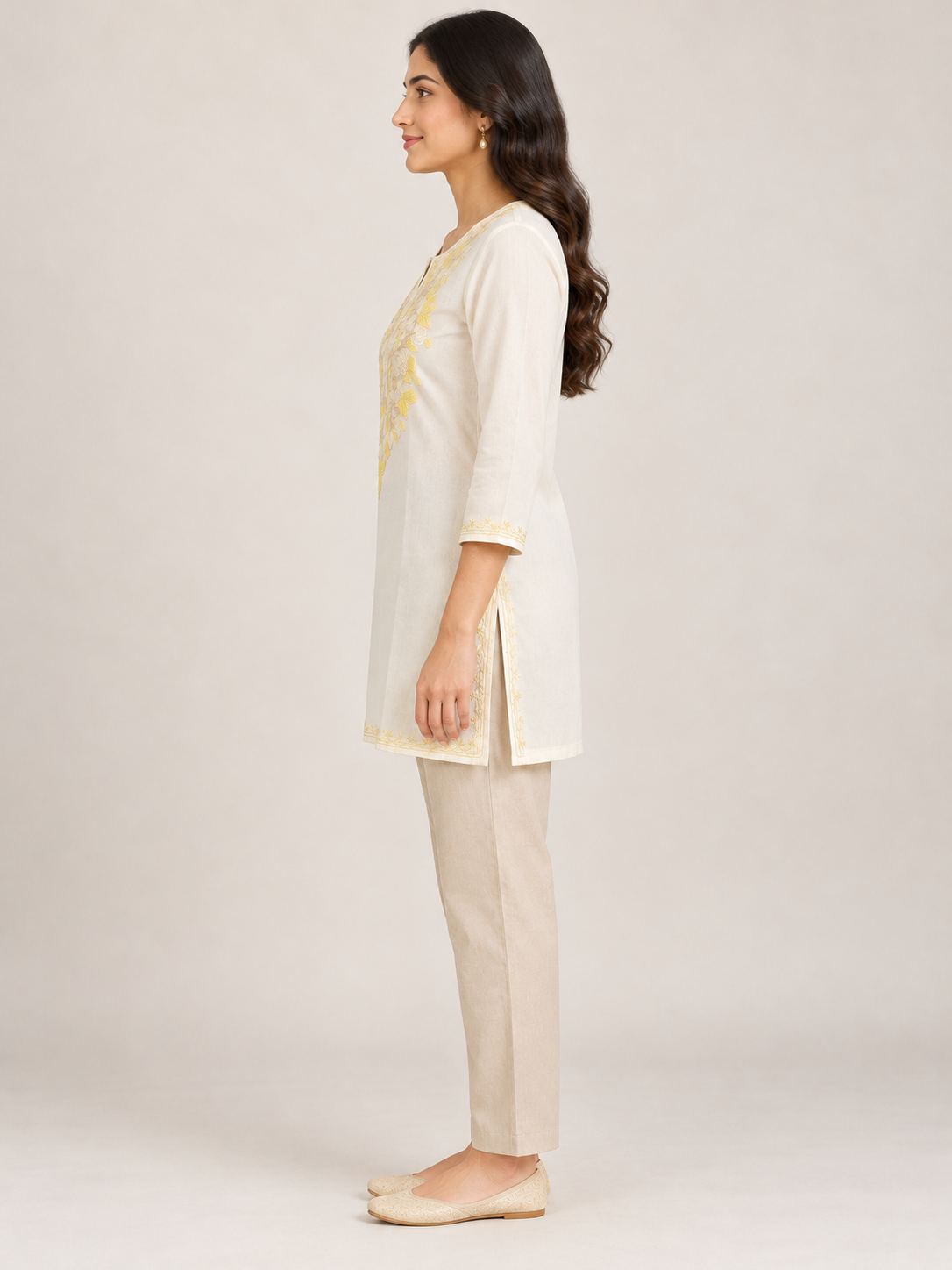 Kashmiri Aari Embroidered Cotton Kurti | Machine-Work | White – Vadi Roots
