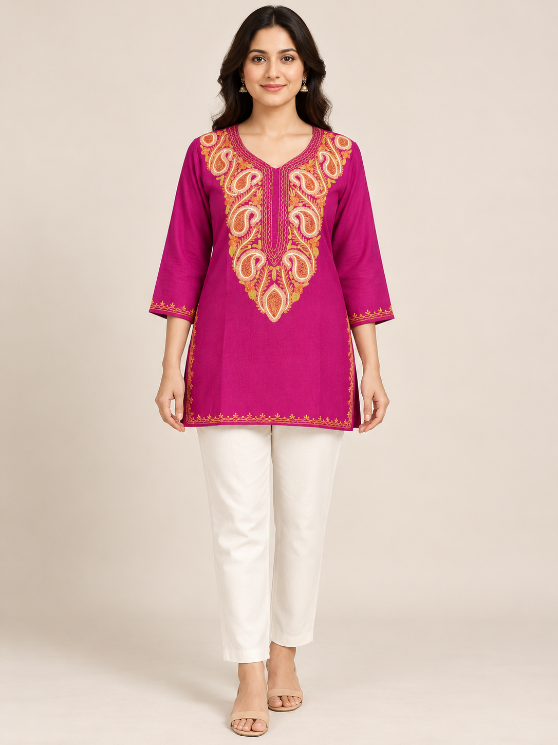 Kashmiri Aari Embroidered Cotton Kurti | Machine-Work | Pink – Vadi Roots