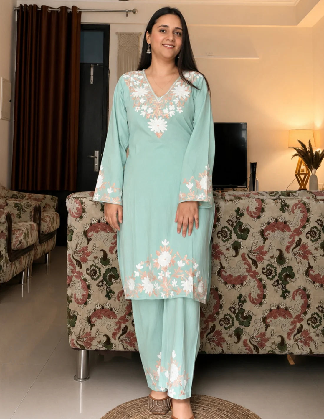 Black Kashmiri Embroidered Short Kurti for Women | Lavender Floral Work | Casual & Ethnic Wear