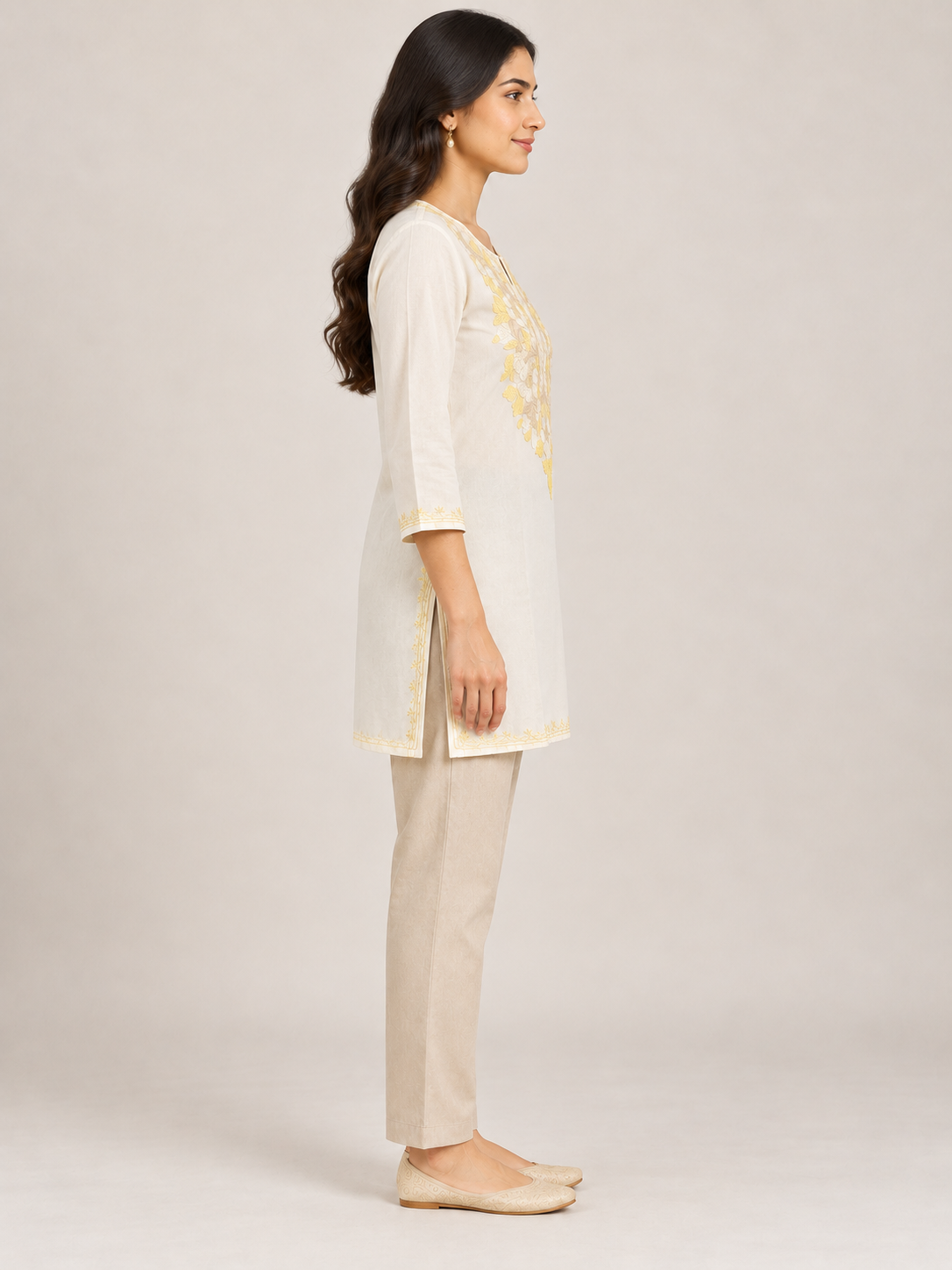 Kashmiri Aari Embroidered Cotton Kurti | Machine-Work | White – Vadi Roots