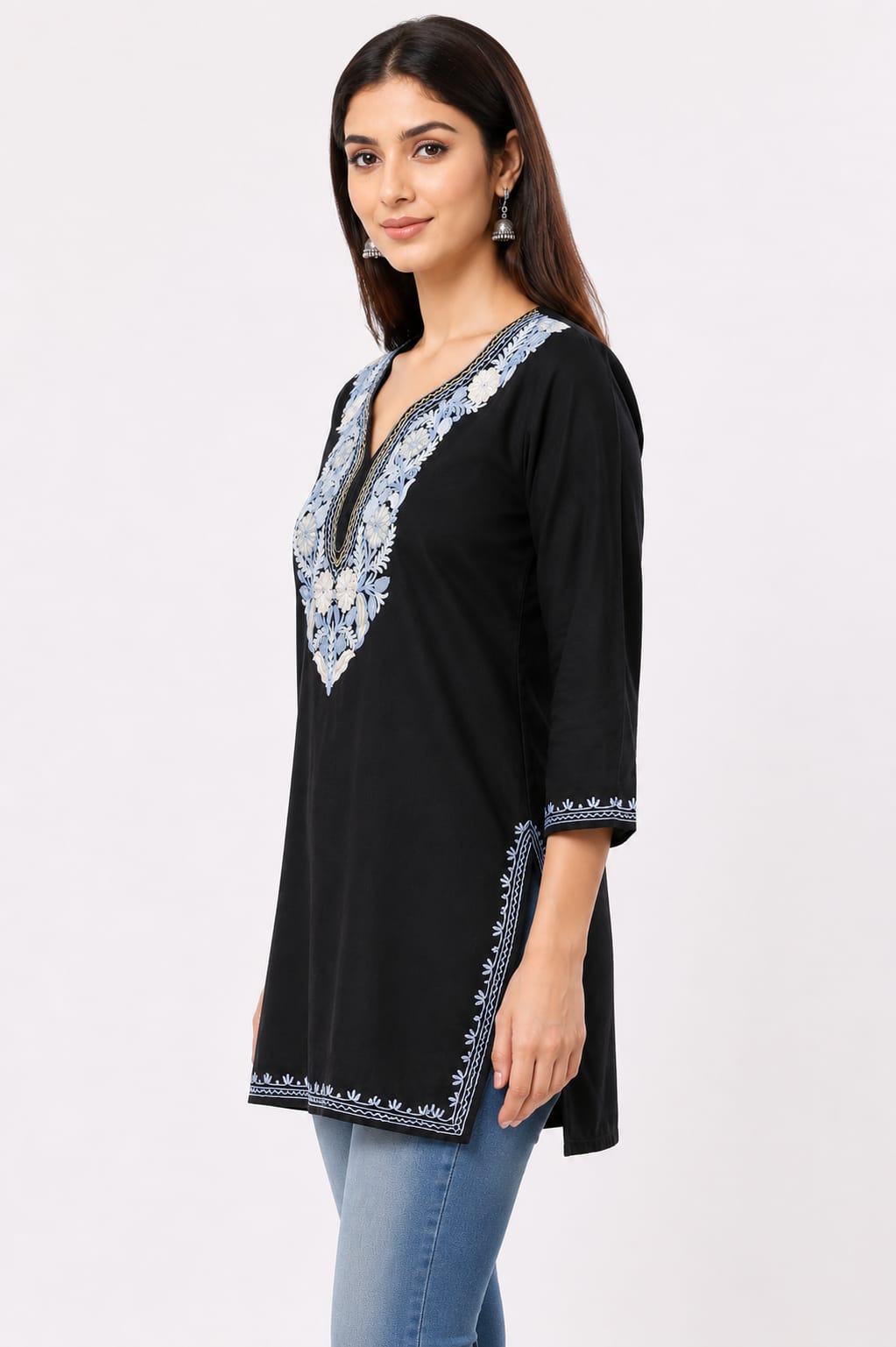 Black Kashmiri Embroidered Short Kurti for Women | Lavender Floral Work | Casual & Ethnic Wear