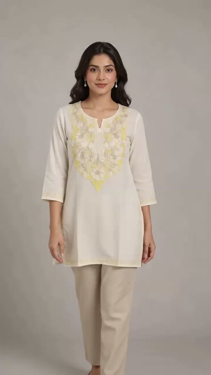 Kashmiri Aari Embroidered Cotton Kurti | Machine-Work | White