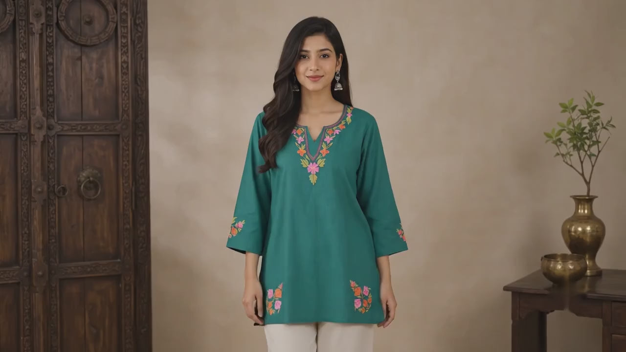 Kashmiri Aari Embroidered Cotton Kurti | Hand-Work | Green (Copy)